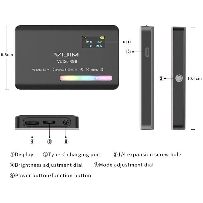 Đèn led video Ulanzi VIJIM VL120 RGB Tương thích với Nikon, Sony, Canon, Fuji, Panasonic,....- Hàng chính hãng