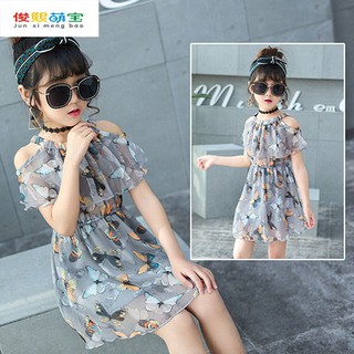 Váy hở vai in hình bươm bướm dễ thương cho bé gái