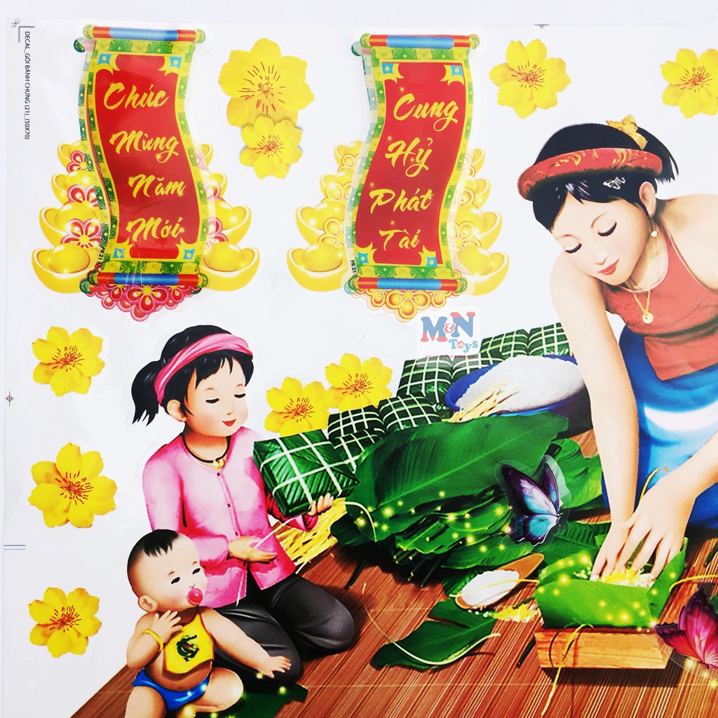 Decal 3D (sticker) dán kính Việt Nam trang trí Tết (mẫu Gói bánh chưng 20)