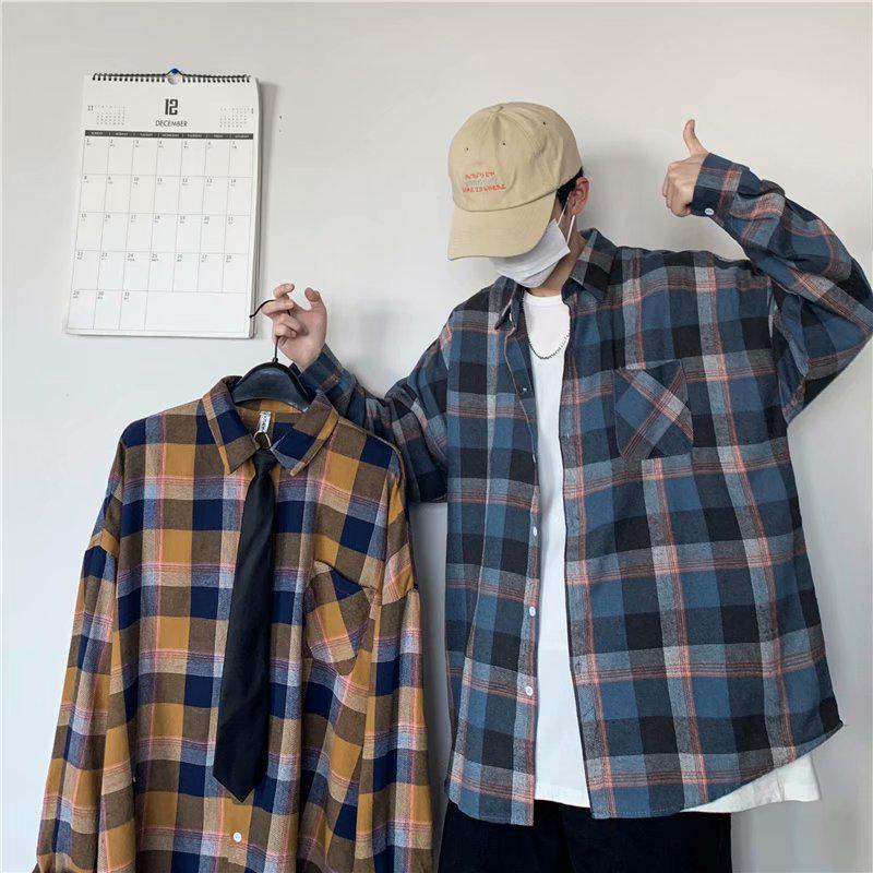 Men Long Sleeve Shirts Turn-down Collar Unisex Large Size Plaid Tops Korean Style Vintage Loose Shirt Students All-match Chic New Cotton Clothes Men's Fashion Jacket