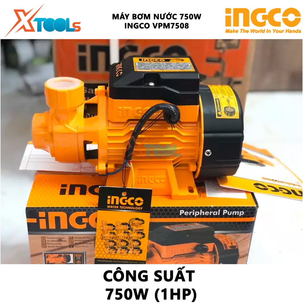 Máy bơm nước INGCO VPM7508 | máy bơm đẩy cao 750W (1HP), chiều cao bơm 52m, độ hút sâu 8m, mô tơ dây đồng tăng áp lực đư