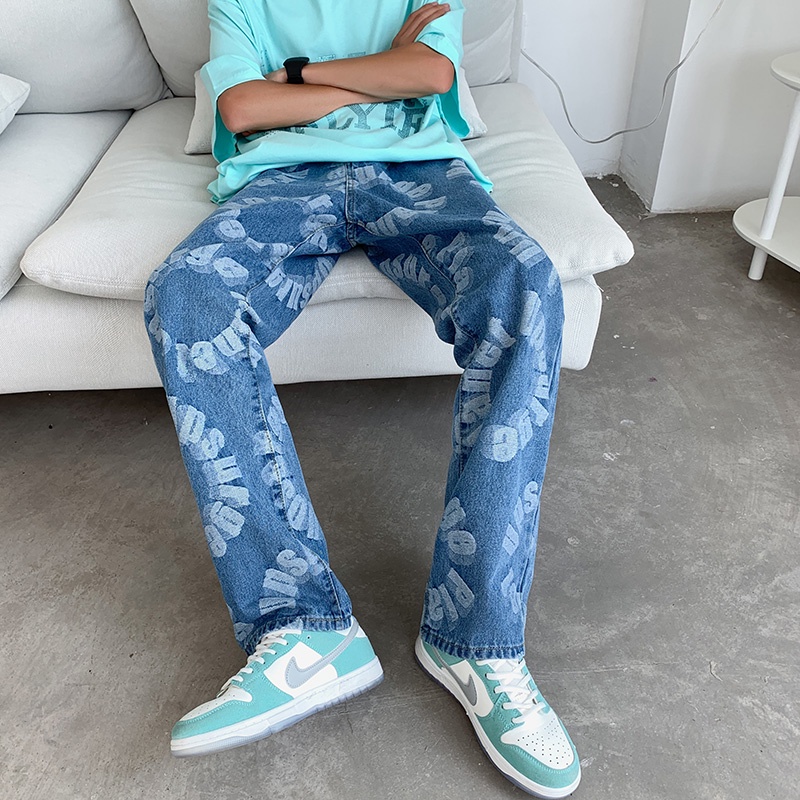 Quần Jean Dài Ống Rộng Phong Cách Hip Hop Đường Phố Mỹ Cá Tính Cho Nam