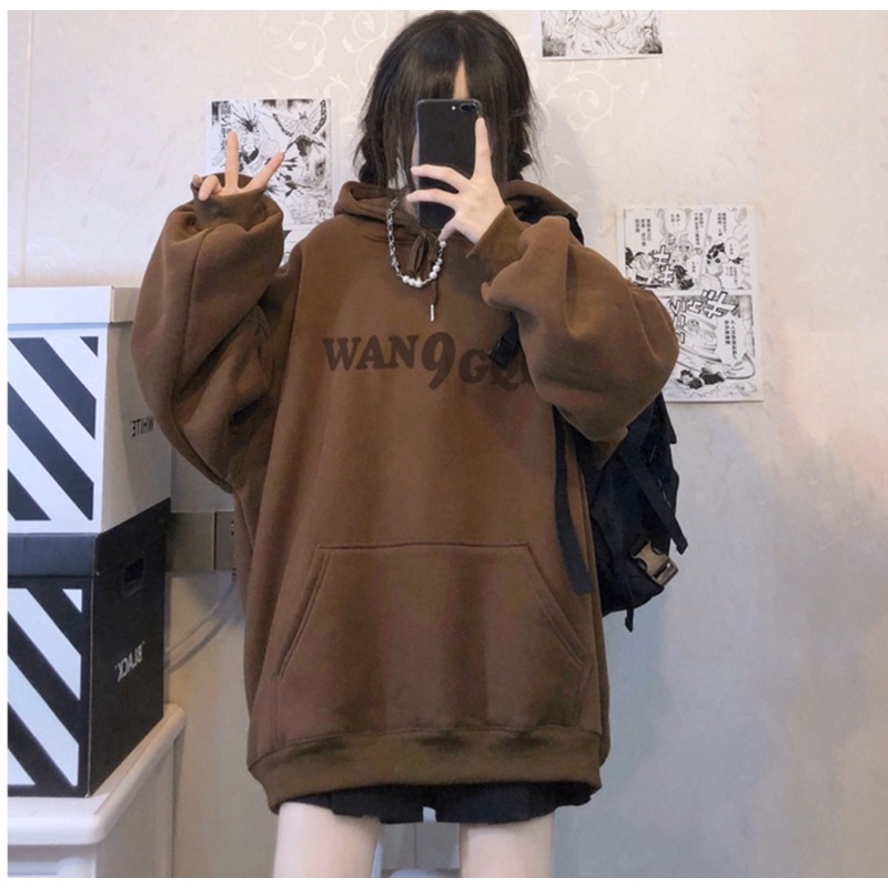 Áo Hoodie Nỉ Bông WAN9GQQ Unisex Tay Suông Mũ 2 Lớp Túi Bụng To