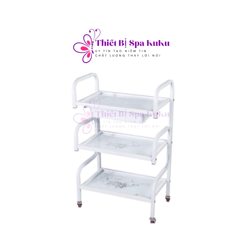Xe đẩy Spa 3 tầng mặt kính hoa văn có khay