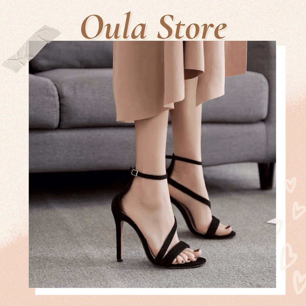 Giày sandal cao gót kiểu dáng quai chéo mũi nhọn chất liệu da lộn, SD1, Oula Store