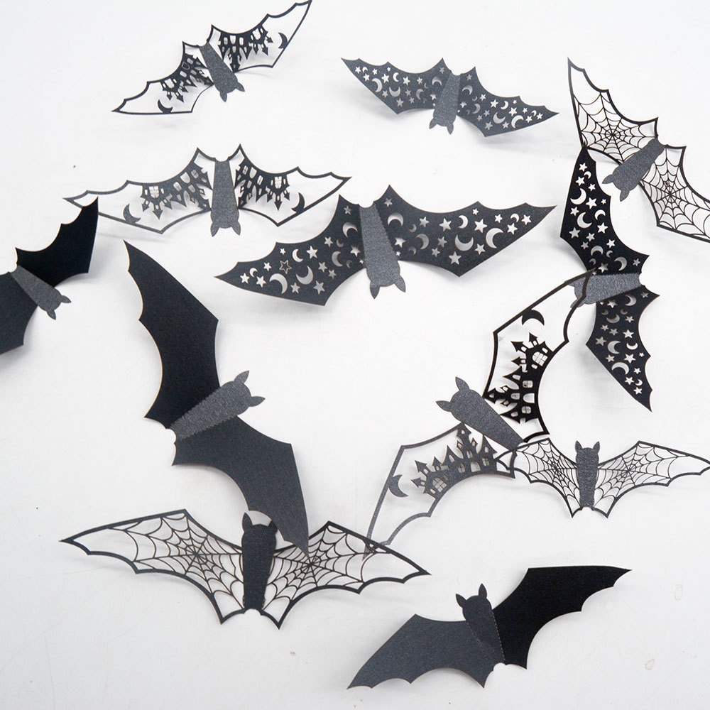 Set 12 Sticker Dán Tường / Cửa Sổ Trang Trí Hình Dơi Đen 3D DIY