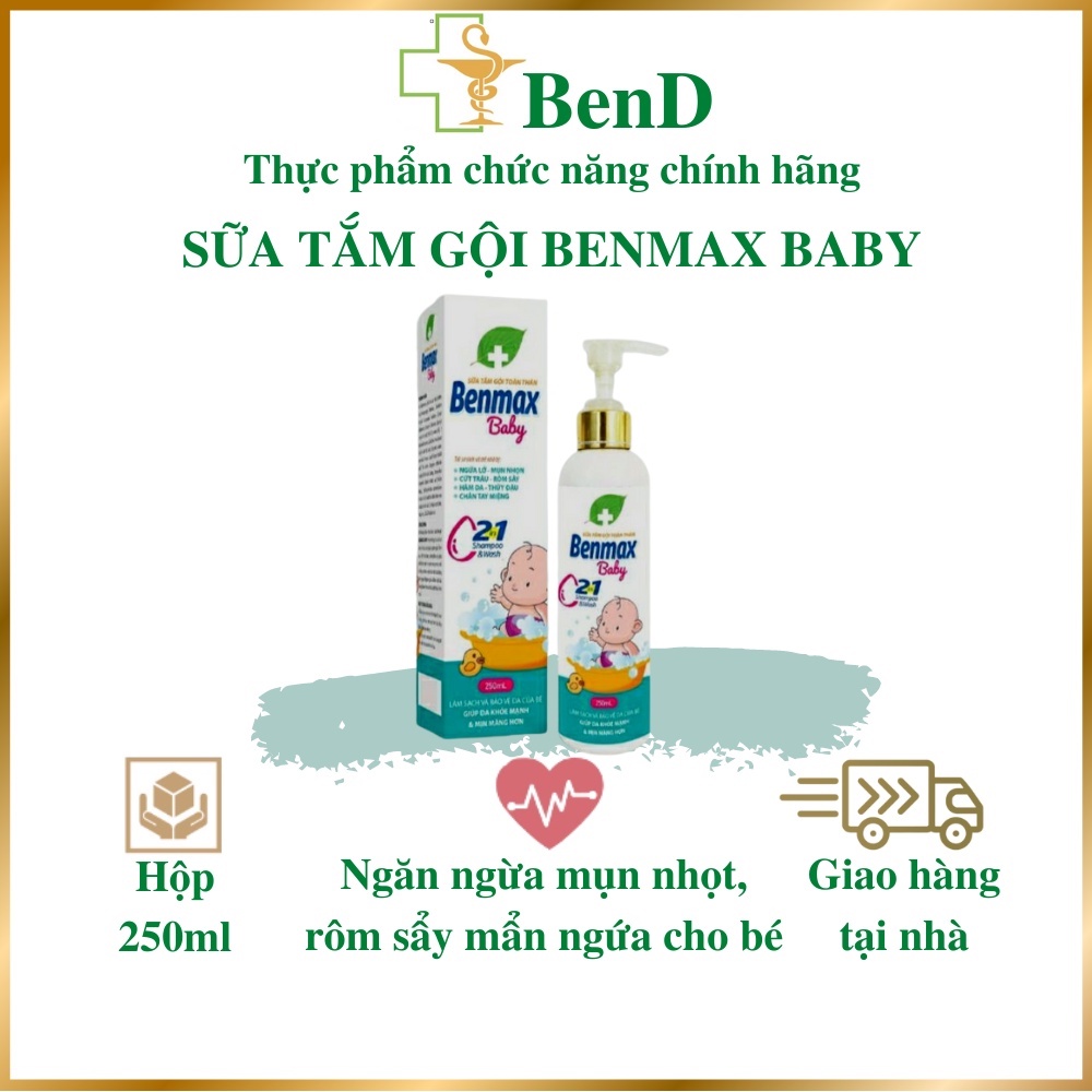 Sữa tắm gội Benmax Baby 250ml dành cho trẻ em, ngăn ngừa mụn nhọt rôm sảy mẩn ngứa, an toàn và giúp da bé khỏe mạnh