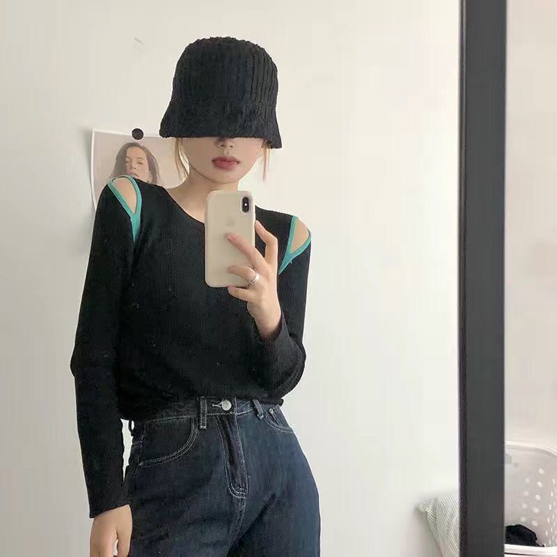 Áo Thun Tay Dài Khoét Vai Màu Sắc Tương Phản Thời Trang Mùa Thu Cho Nữ