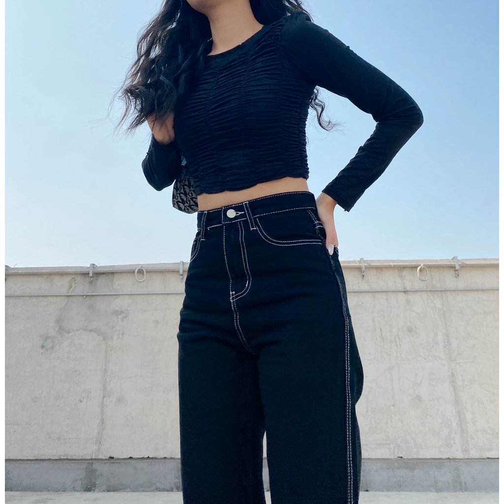 Áo croptop thun Mia Ritta nhún chun dài tay A1907 ảnh thật feedback