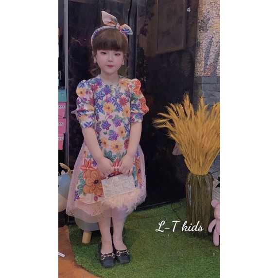 Áo dài cách tân cho bé gái kèm tuban hoa xuân Size 8-30kg XHN816