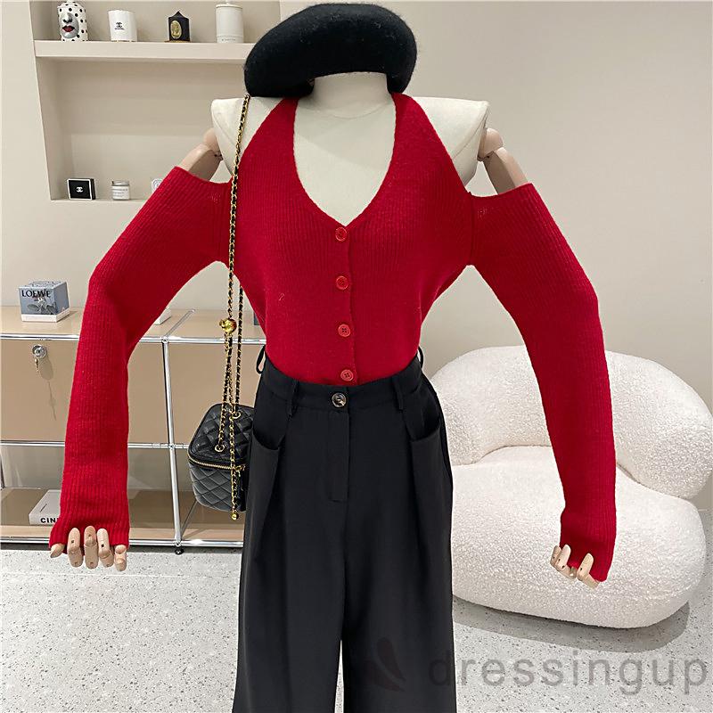 Áo kiểu tay dài cổ chữ V màu trơn thời trang xuân thu màu trắng/xanh dương/đỏ/đen