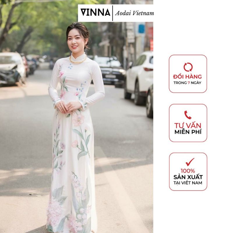 Áo dài trắng Mộc Lan 4 tà dài kết đính sang trọng phù hợp chụp ảnh, dự lễ thiết kế của thương hiệu thời trang Vinna