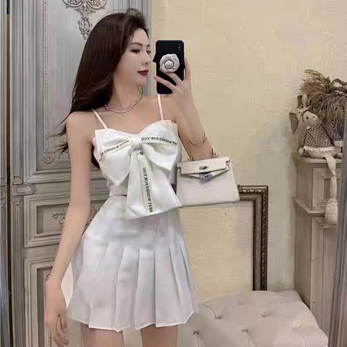 Jiashucheng Áo Hai Dây Thắt Nơ Eo Hẹp Màu Trơn Mặc Ngoài Trời Ngọt Ngào Mùa Hè Niche Mặc Trong Desire Sweet Girl Hot