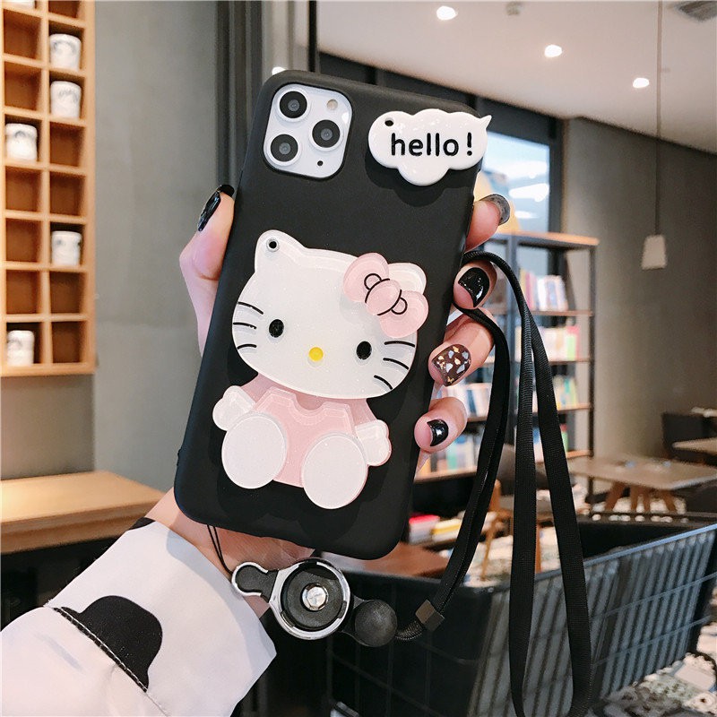 Ốp Mềm Hình Hello Kitty Có Gương Và Dây Đeo Cho Oppo A92 A12 A7 Reno 3 5 Pro F1S F5 F7 Realme 5 I C2 A1K A5 A15 S