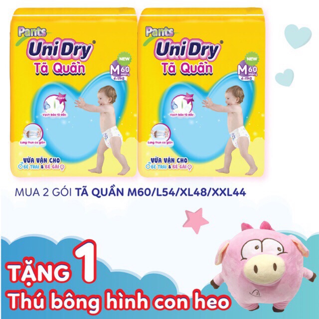 ( Tặng thú bông con heo) Combo 2 tã quần Unidry M60/L54/XL48/XXL44