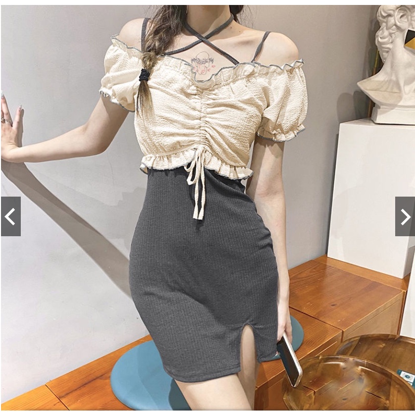 áo croptop Set áo trễ vai tay dài + áo 2 dây váy set sọt thiết kế mới cho phái nữ new