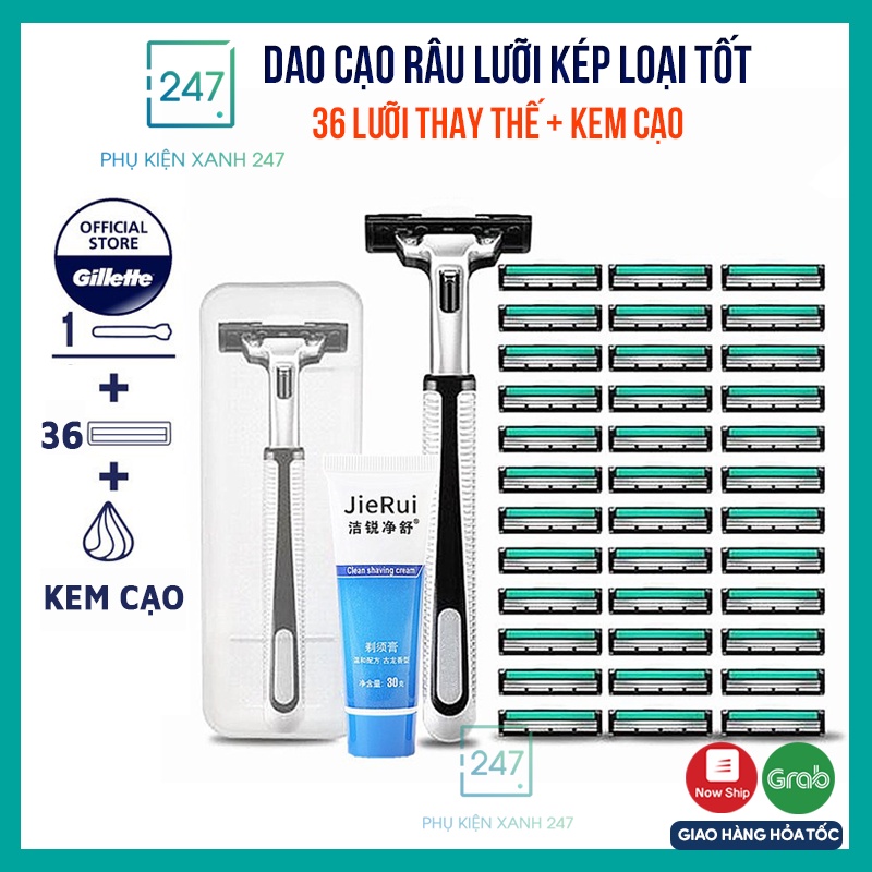 Dao cạo râu lưỡi kép loại sịn không gỉ gồm 36 lưỡi kép thay thế dành cho nam tặng kèm lọ kem cạo model 2021