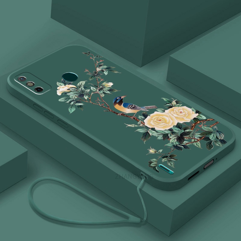 Ốp Điện Thoại TPU Mềm Họa Tiết Hoa Và Chim Có Dây Đeo Cho Tecno spark 6 go