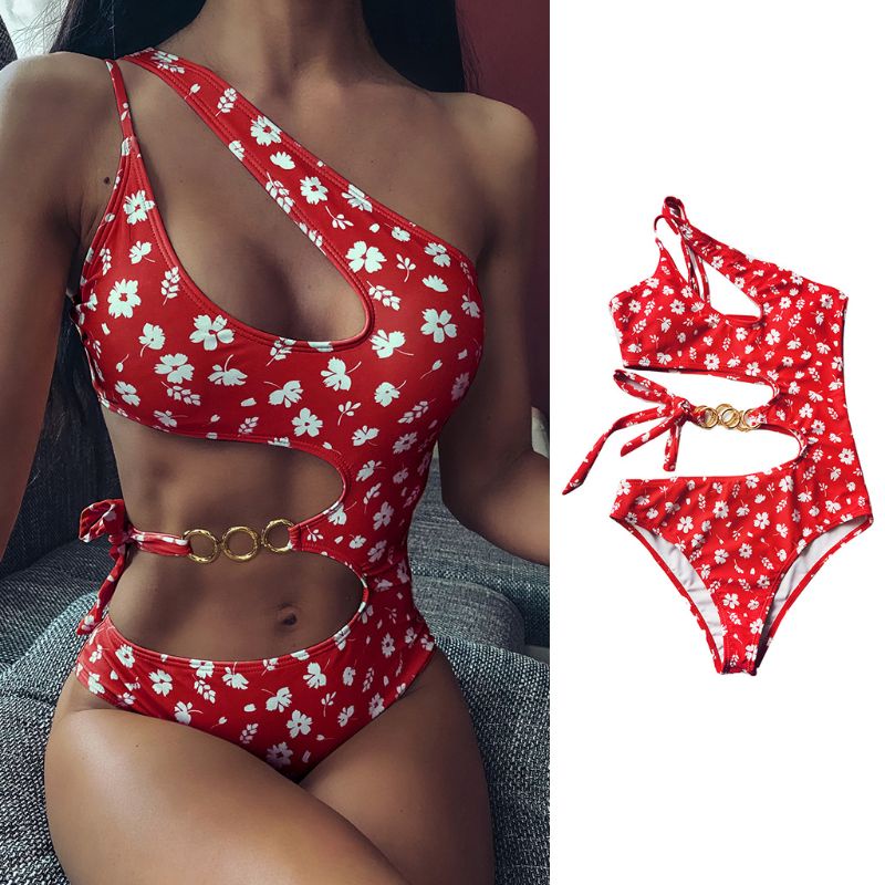 Xiangbao Bikini Một Mảnh Dây Xích Kim Loại Một Mảnh Hở Vai In Họa Tiết Hoa Nhỏ Gợi Cảm Cho Nữ