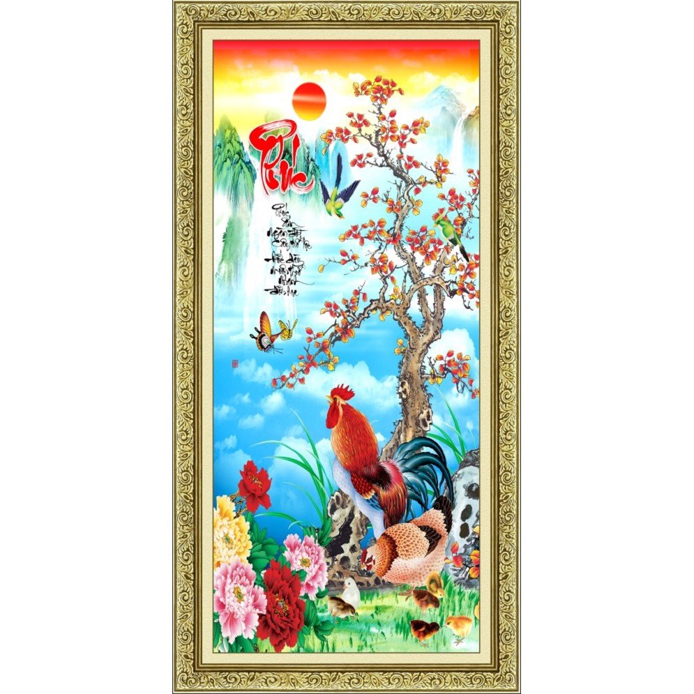 Tranh dán tường khổ dọc HD Đàn gà chữ Phúc HUD0106K KT 60 x 120 cm