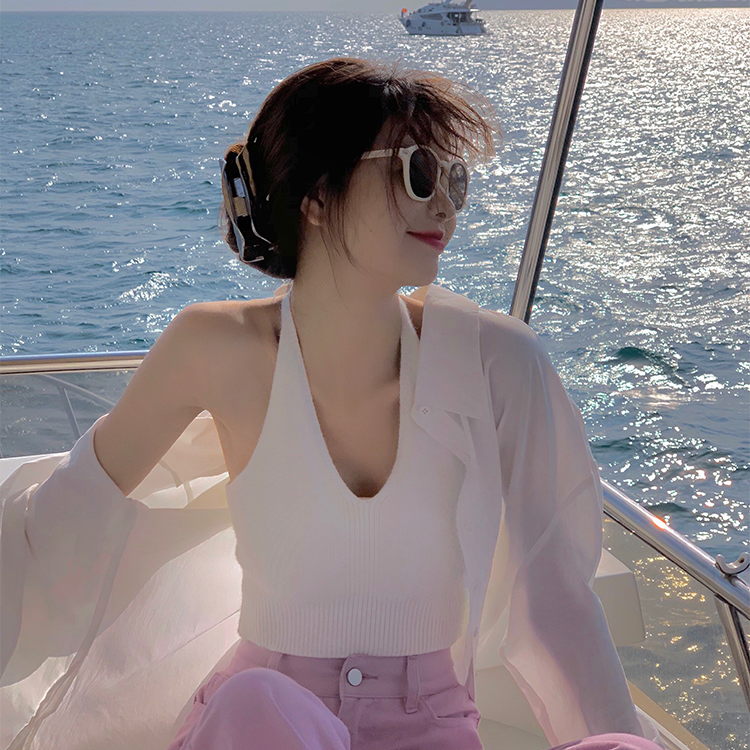 Áo dệt kim COZOK dáng ngắn không tay cổ yếm thời trang cho nữ