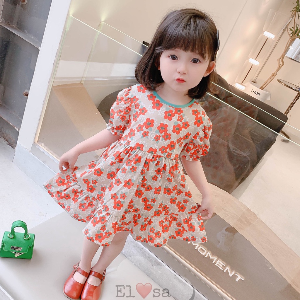 Váy bé gái Babydoll hoa cam dáng xòe tay bồng xinh xắn cho bé gái từ 8 đến 20 kg