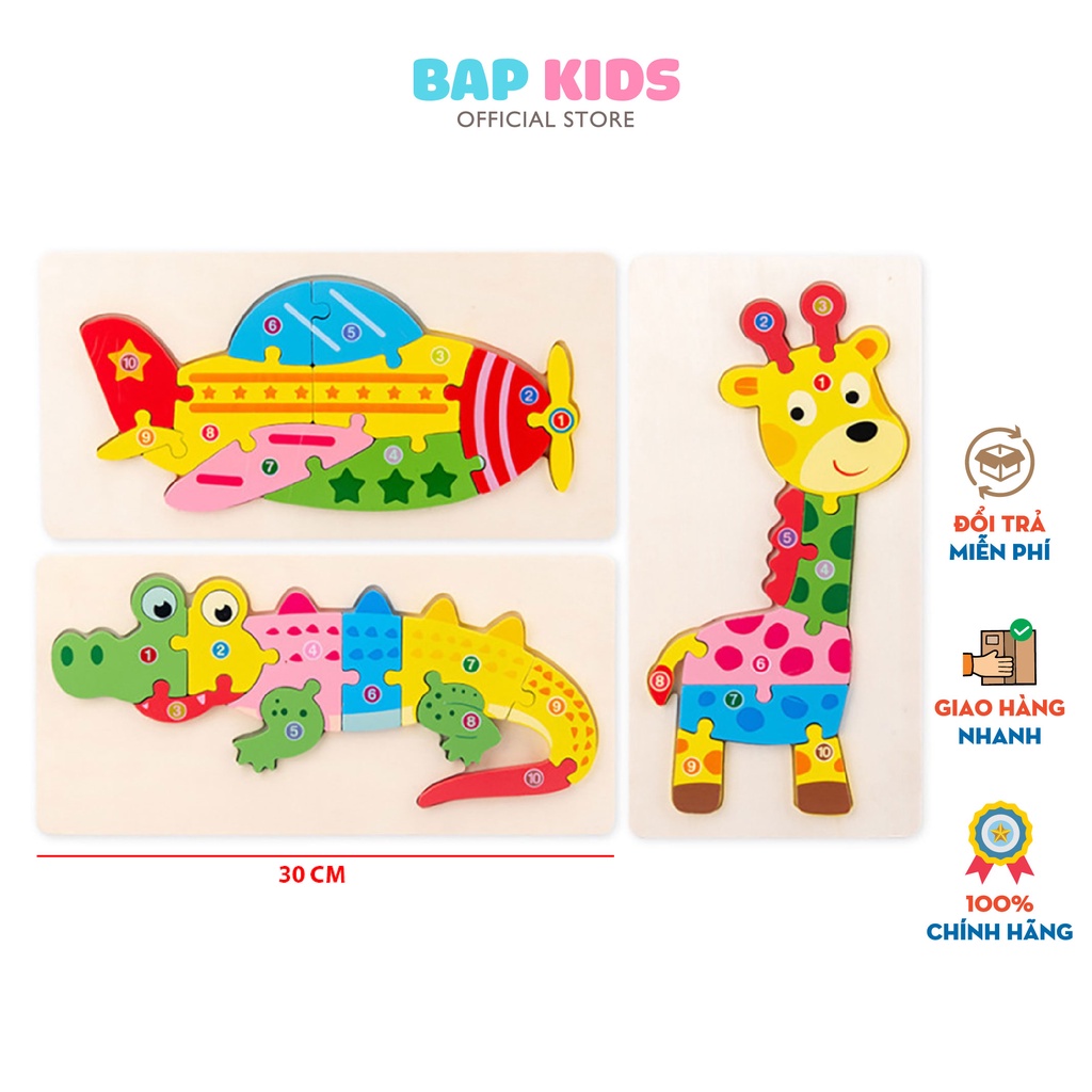 Đồ Chơi Gỗ Bapkids, Bảng lắp ghép con vật máy bay và xe nổi 3D