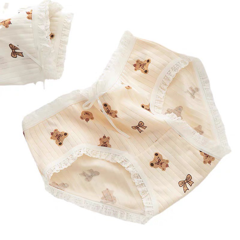 Quần Lót Nữ Cotton Phối Viền Ren Thoáng Khí Họa Tiết Gấu/Thỏ Dễ Thương 345