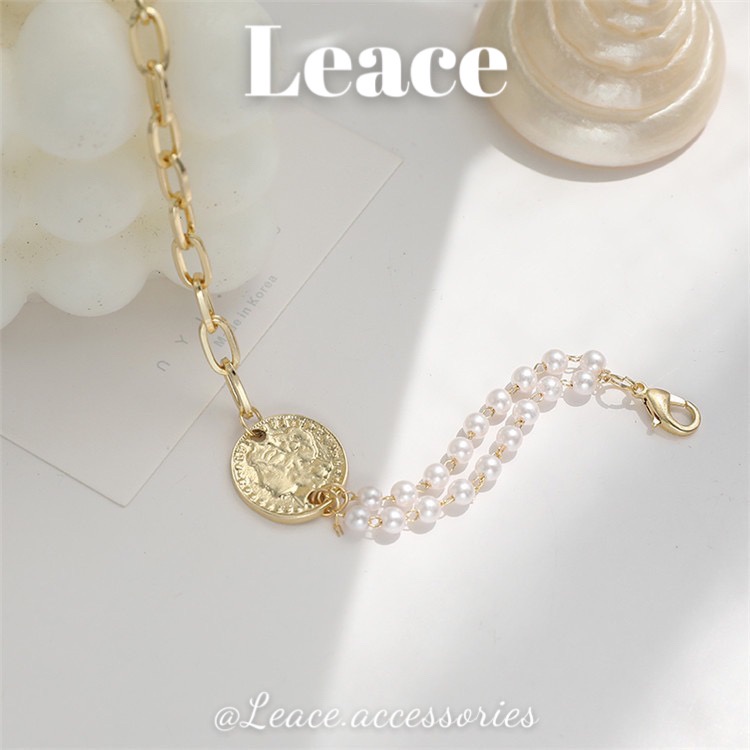 Vòng tay nữ, lắc tay 2 lớp hạt ngọc nhân tạo mix xích mặt đồng xu BL014 Leace.accessories