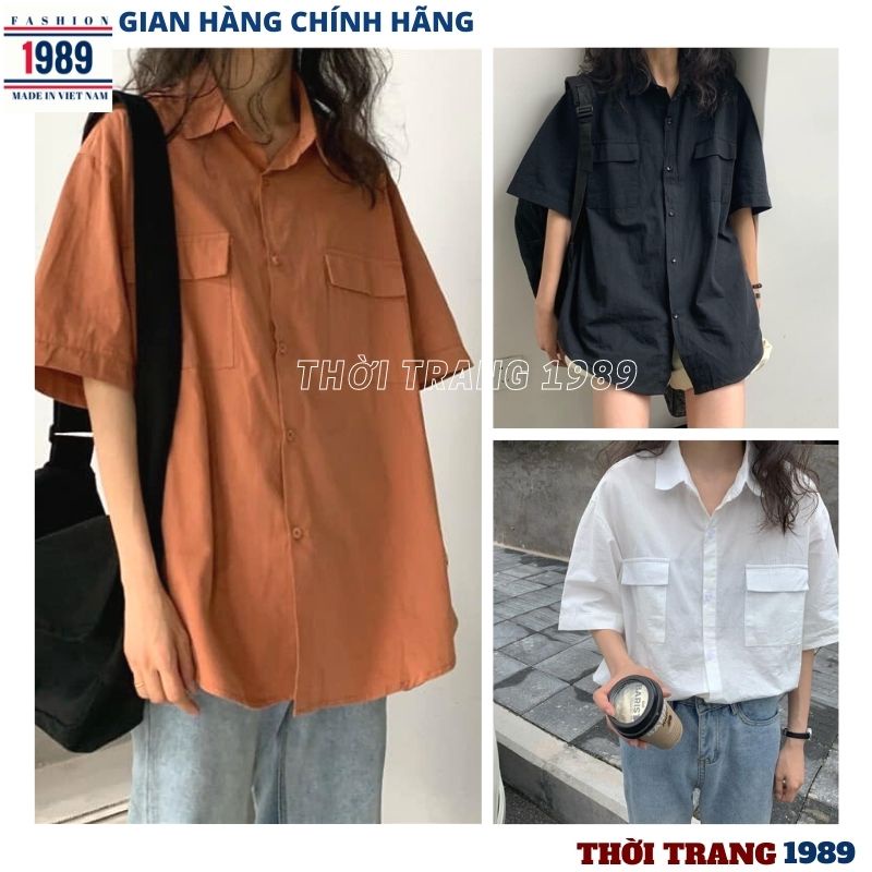Áo Sơ Mi Nữ form rộng 2 túi hộp 5 mầu cộc tay ulzzang vintage hàn quốc cao cấp trơn kozoda -HER-1989