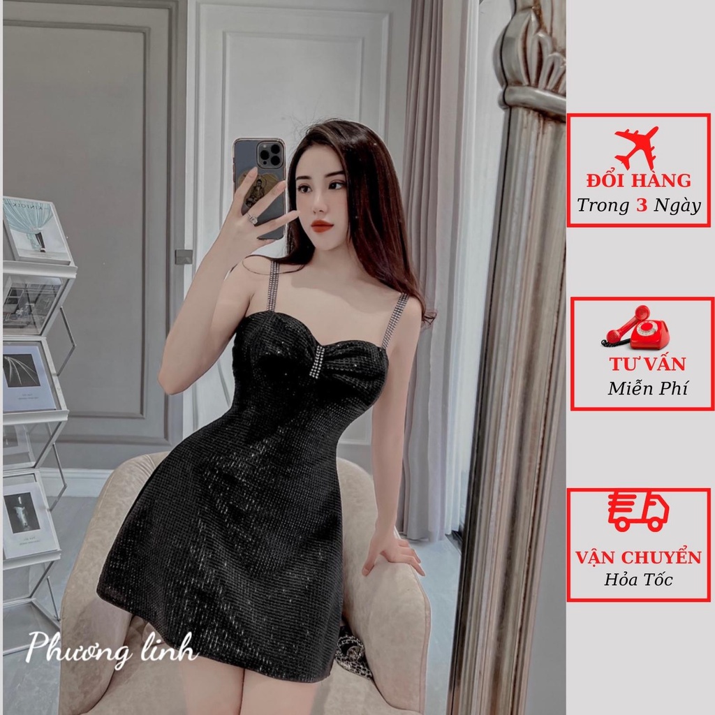 Váy 2 dây xích nhũ nữ cúp ngực dáng ngắn ôm body kiểu sexy đi tiệc cưới ulzzang Hàn Quốc