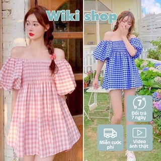 Váy kẻ chun ngực 2 màu xanh hồng - Váy đầm nữ tay bồng mặc trễ vai freesize phom rộng dáng babydoll C330