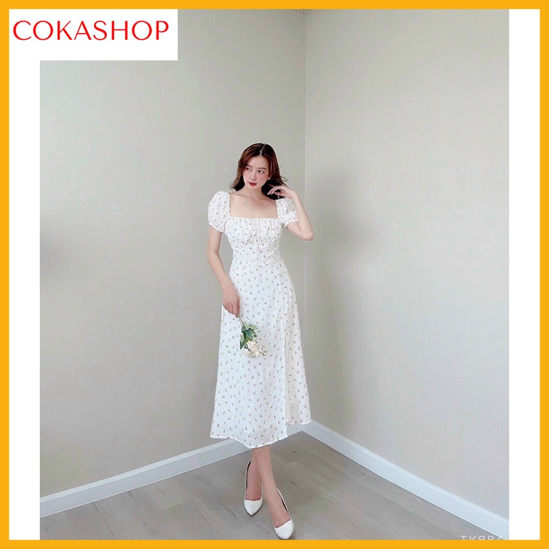 Váy Hoa Nhí Xẻ Tà Nhẹ Tay Bồng Đuôi Cá Sang Chảnh Thiết Kế Cokashop, Đầm Nữ Đi Chơi Dự Tiệc Ngắn Tay Cổ Vuông Dáng Dài