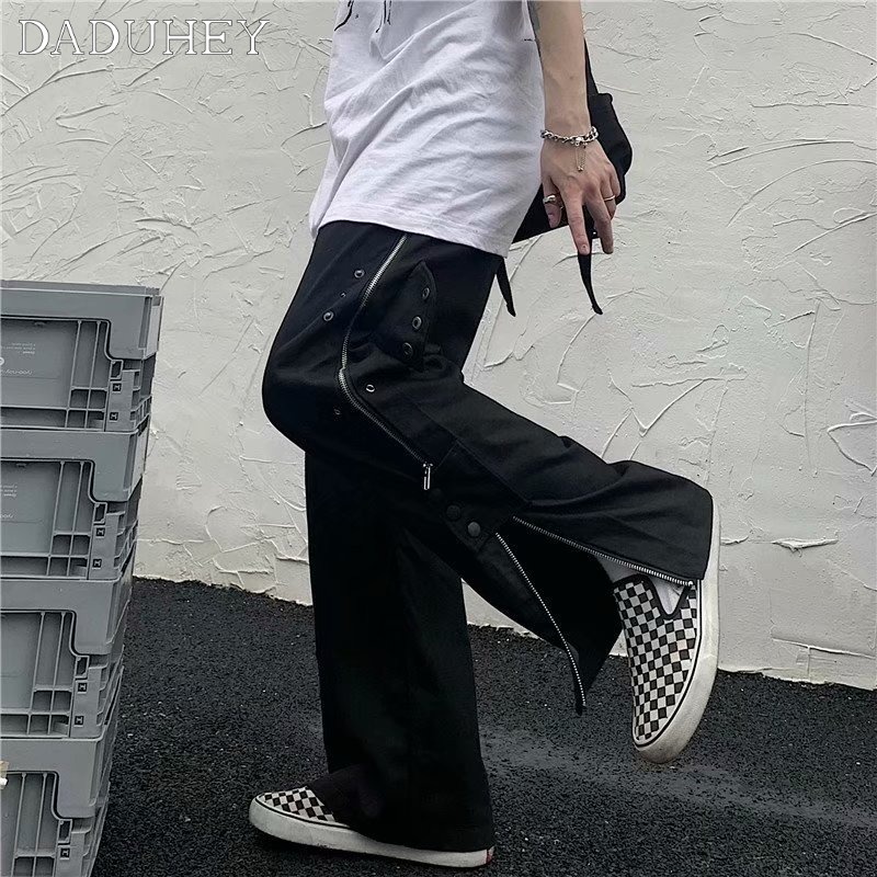 Quần dài cạp cao ống rộng phối khóa kéo phong cách Mỹ dành cho nam và nữ