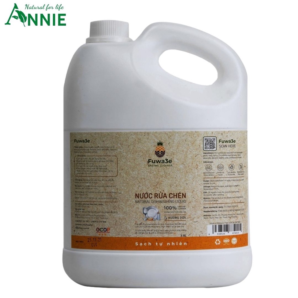 Nước rửa chén bát Fuwa3e hữu cơ Enzyme sinh học organic 3.8L an toàn bảo vệ da tay