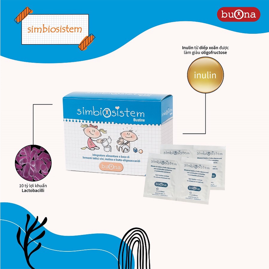 Men vi sinh gói Simbiosistem Bustine, bổ sung 10 tỷ lợi khuẩn và chất xơ, giảm táo bón, giúp ăn ngon - hộp 20 gói 2g