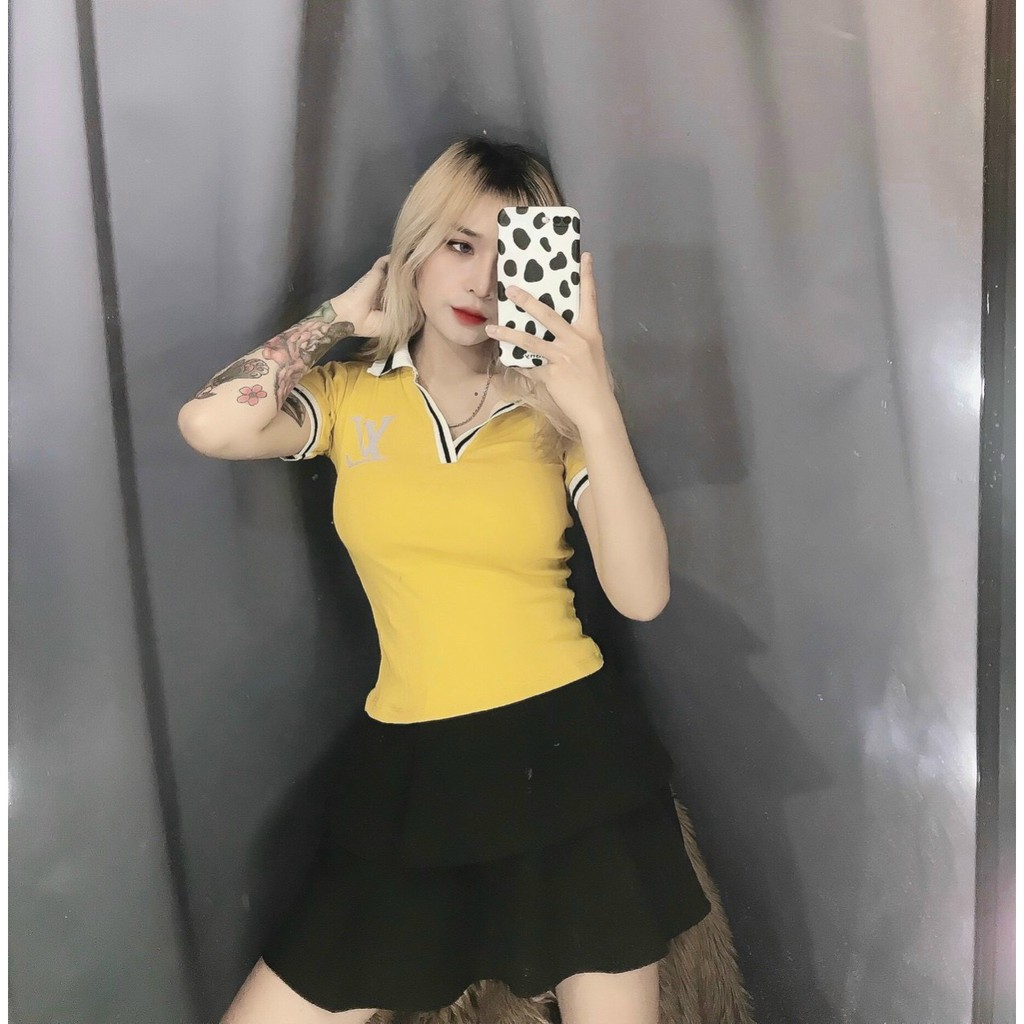 áo cổ bẻ ôm dáng in chữ l v xinhhh hot lắm ảnh thật