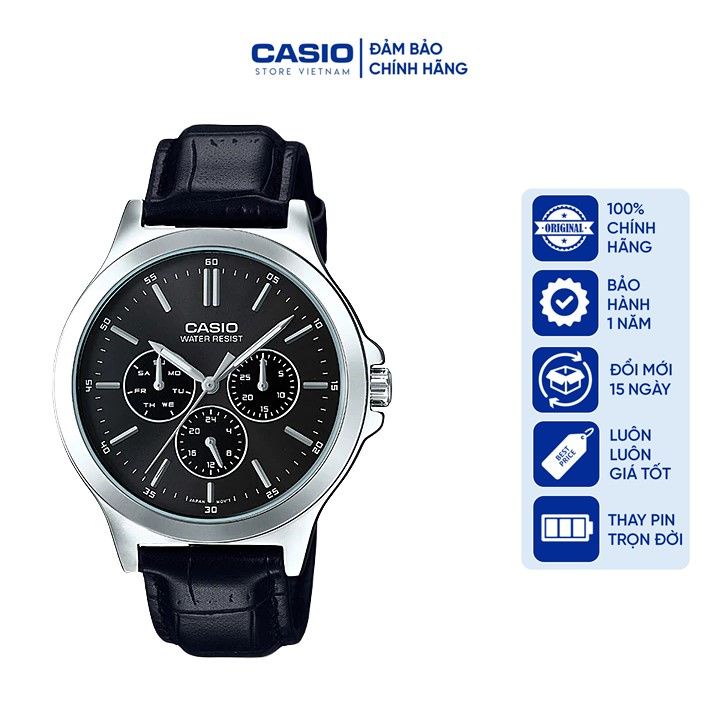 Đồng hồ Nam Casio MTP-V300L-1AVDF, đồng hồ chính hãng, dây DA đen mặt đen, 6 kim