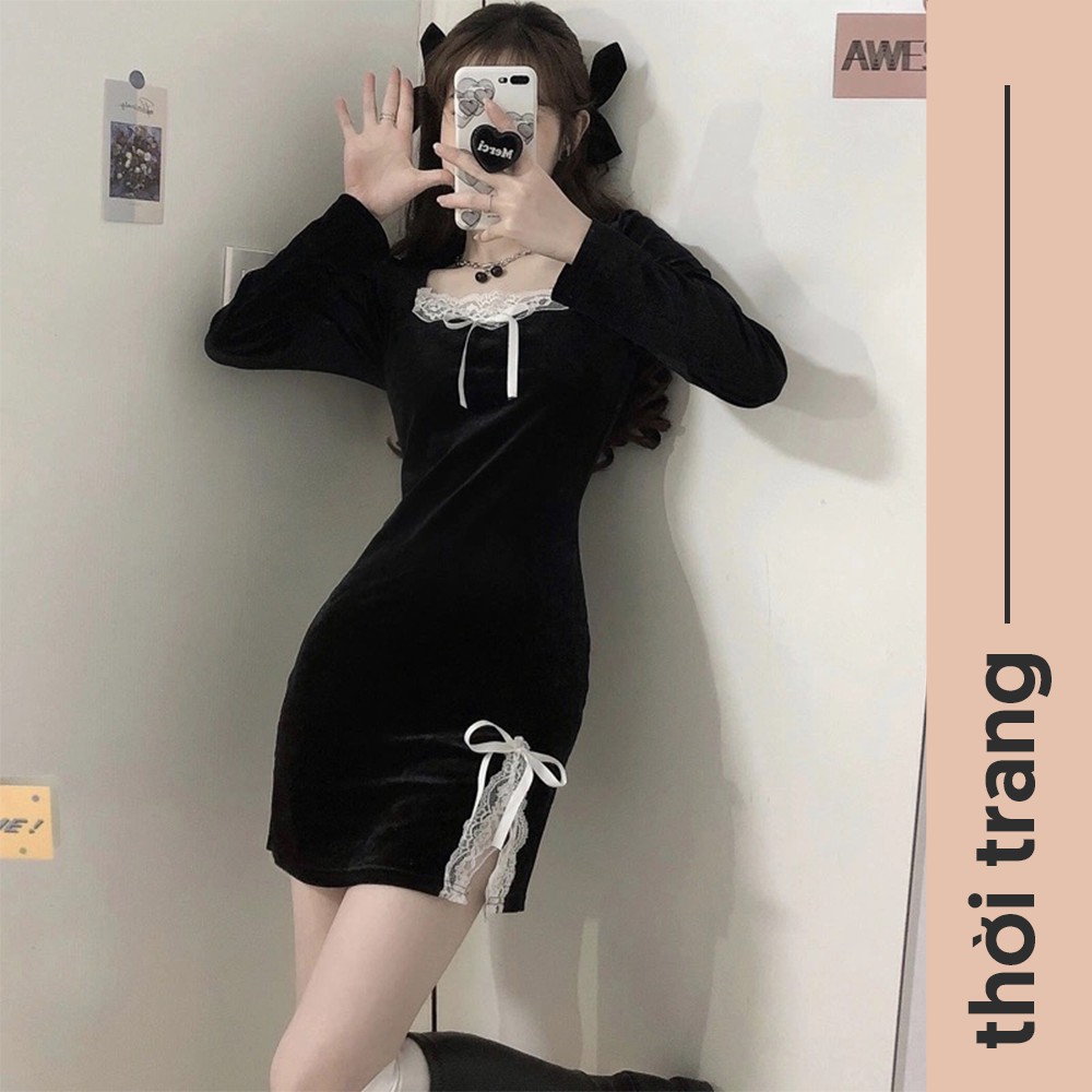 Váy Nhung Đen Huyền Bí Ôm Body Xẻ Tà/ Đầm Cổ Vuông Dài Tay Dáng Ngắn Cổ Điển Sexy V00082 | BigBuy360 - bigbuy360.vn