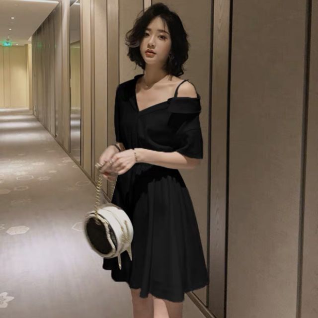 Đầm Nữ Sơ Mi Lệch Vai Chít Eo