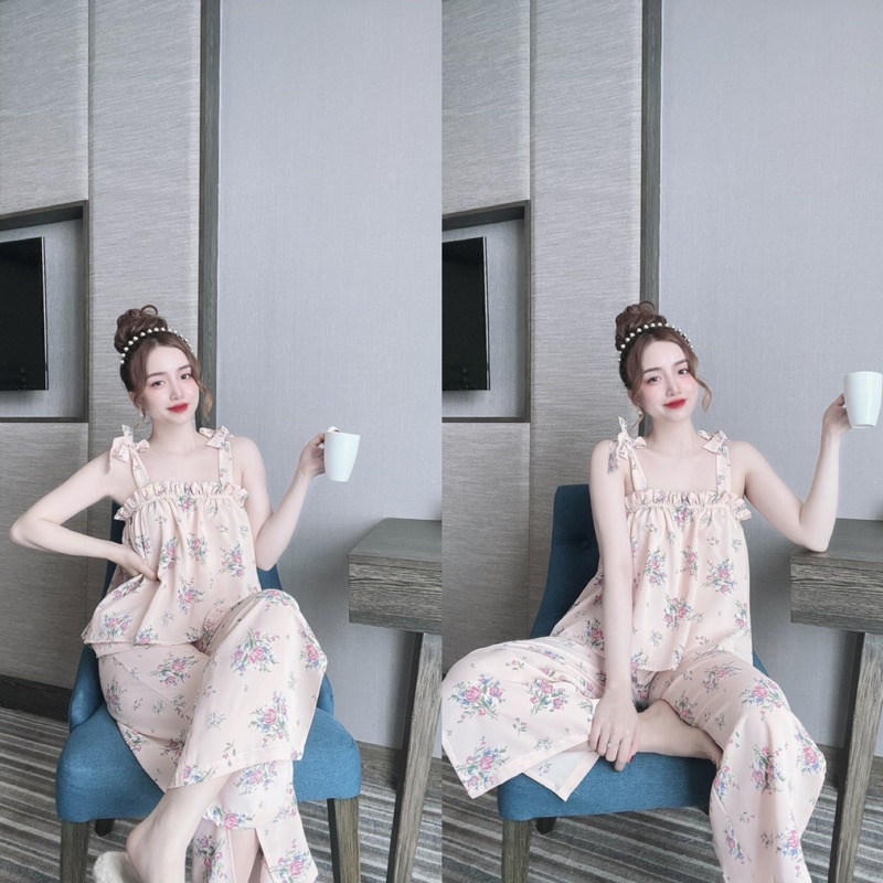 Bộ dài mặc nhà ❣️FREE SHIP❣️ Đồ Mango Dài quần xẻ tà Chất Siêu Mát &lt;70kg