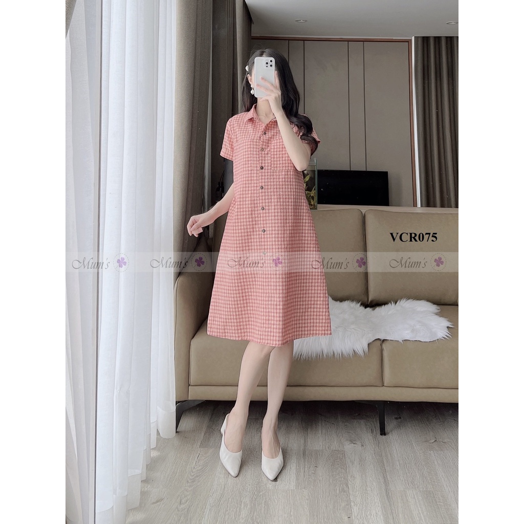 ĐẦM BẦU CÔNG SỞ MUM'S SHOP  FREESHIP  Váy bầu xinh mùa hè kẻ caro cam cổ đức