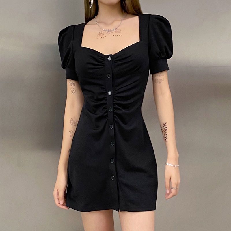 Đầm nữ Perty màu đen phối nút gợi cảm phong cách retro Hàn Quốc