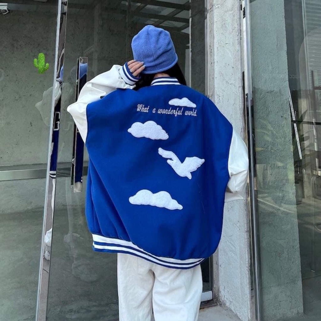 Áo Bomber chữ H form rộng tay bồng dày dặn  Áo khoác xanh cúc bấm phong cách Hàn Quốc 22020