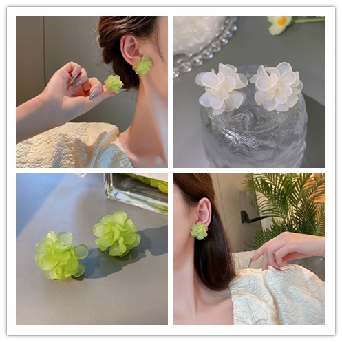 Khuyên Tai Hình Bông Hoa Màu Trắng/Xanh Lá Kiểu Dáng Thanh Lịch