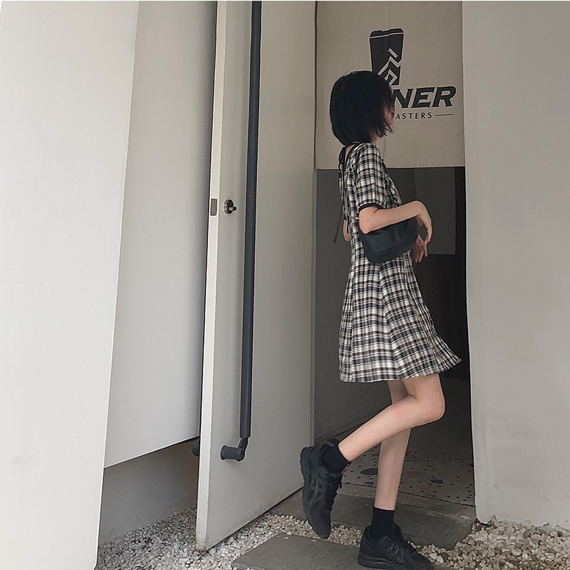 Xiaozhainv Đầm Tay Ngắn Dáng Chữ A Cổ Vuông Họa Tiết Caro Thanh Lịch Dành Cho Nữ | BigBuy360 - bigbuy360.vn