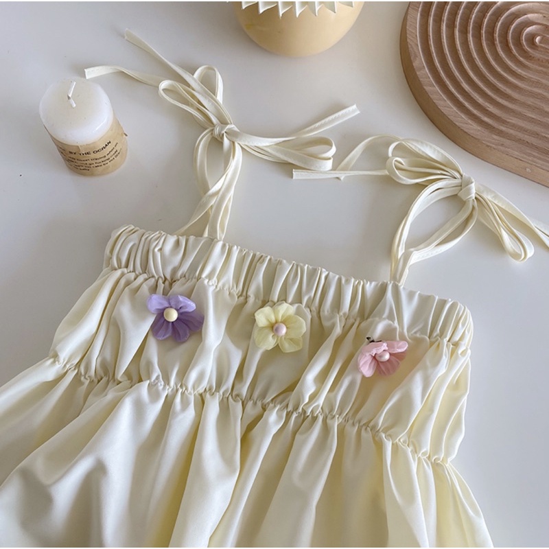 Set Áo Dây Babydoll Thắt Dây Nơ Kèm Ống Tay Dài Vàng Mơ Đáng Yêu