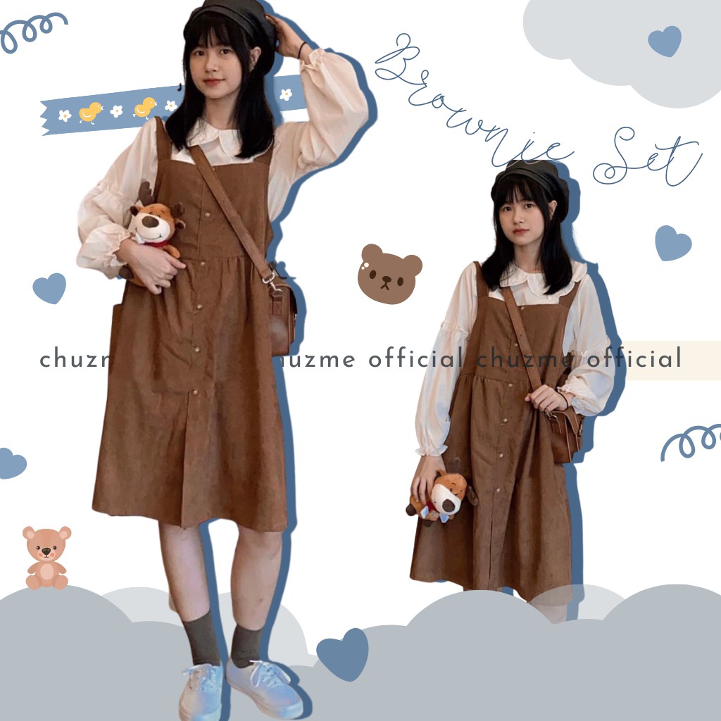 Set Yếm Váy Nhung Ulzzang Phối Sơ Mi Cách Điệu Màu Nâu Tây Xinh Xắn / Set đồ Lolita Nhật Bản