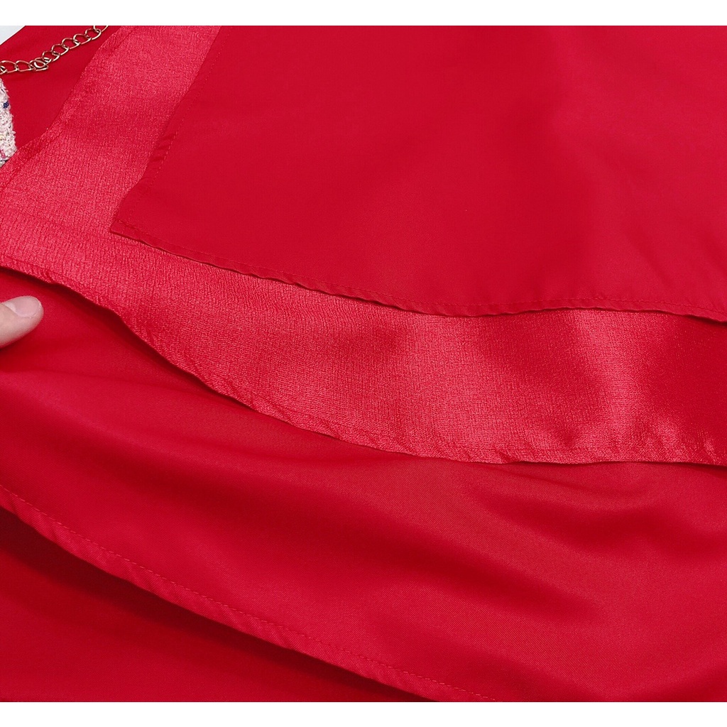 Váy Cổ Tàu Đỏ, Đầm Nữ Tay Bồng Ngắn Thắt Nơ Dáng Xòe Tầng Đính Logo Hoa Nổi Chất Taffta Cao Cấp, Váy Tết Cách Tân Siêu X | BigBuy360 - bigbuy360.vn