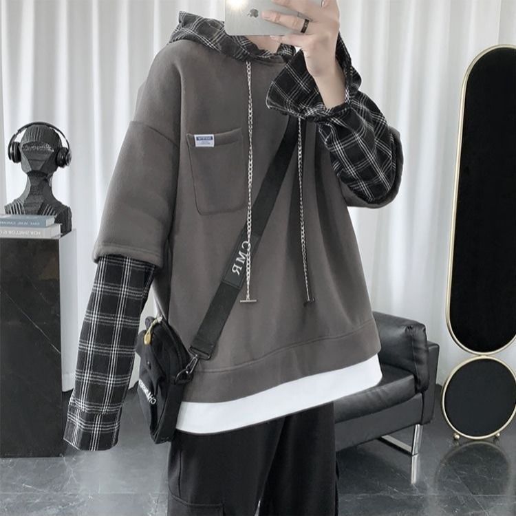 Áo Hoodie Giả Nhiều Lớp Họa Tiết Sọc Caro Trẻ Trung Cho Nam